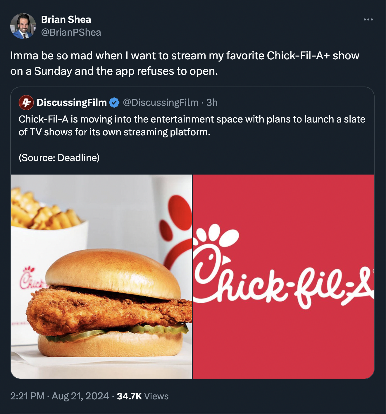 take-out food - Brian Shea Imma be so mad when I want to stream my favorite ChickFilA show on a Sunday and the app refuses to open. 4 DiscussingFilm 3h ChickFilA is moving into the entertainment space with plans to launch a slate of Tv shows for its own s